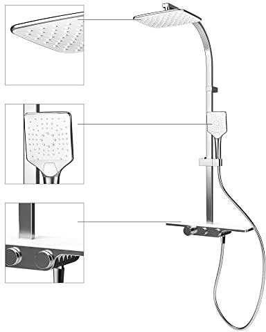 Schulte DuschMaster Rain II mit Ablage White Style, Duschystem mit Kopf- und Handbrause, D9635104