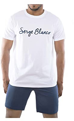 Serge Blanco Pyjama Homme Court 100% Coton, Vêtements de Nuit Homme, Ensemble Doux et Confortable, Taille M - Blanc/Bleu