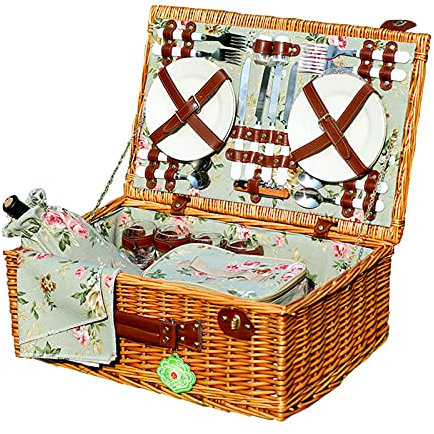 MYYINGBIN Wicker Hamper Picknickkorb Set Für 4 Personen, Willow Rattan Korb Mit Deckel & Griff, Für Camping Outdoor BBQ Party