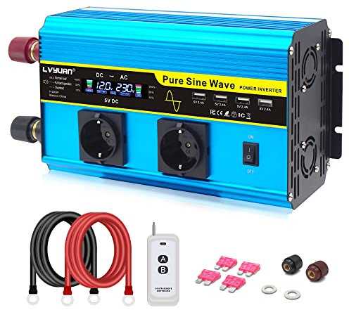LVYUAN Wechselrichter 12V auf 230V 2000W/4000W Reiner Sinus Spannungswandler Pure Wave Inverter Konverter mit LCD drahtloser Fernbedienung 2 AC Steckdosen 4 USB Ports