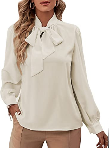 Rooscier dam fluga hals långärmad buttton manschett chiffong elegant blus, BEIgE, M