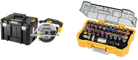 DeWalt Akku-Handkreissäge/Akku-Kreissäge (18 V, Vollmetallgetriebe, Kugellagerung, großer Sägeschuh, Spindelarretierung, elektronische Motorbremse) & 32-tlg. Schrauberbit-Set, DT7969