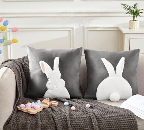 IHClink 2 Stück Hase Ostern Kissenbezug Ostern Dekoration,Frühling Saisonnal Zierkissenbezug Couch mit 3D bestickter Applikation Hase Dekorative Zierkissenhülle Frühjahr 45 x 45 cm