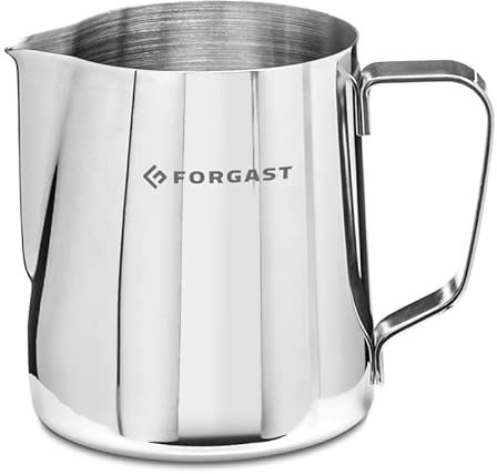 Forgast Bricco per Latte Montalatte Professionale in Acciaio Inox 350 ml, Lattiera Mucca, Brocca in Schiuma Schiumatore, Misurino con Scala Graduata all'Interno