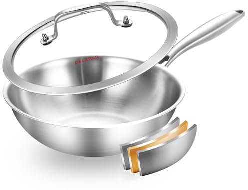 DELARLO Ganzkörper dreilagige Edelstahl-Pfanne, 25,4 cm, 5-lagige Edelstahl-Woks und Bratpfannen, tiefe Küchen-Wokpfanne mit Deckel, Induktions-Mini-Wok 25,4 cm, geeignet für alle Herde, bis zu 343 °C