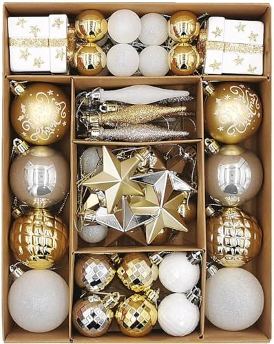 SVNVIOZ 58 Stück Weihnachtskugeln Set Gold Weiß, Christbaumkugeln Kunststoff Deko Weihnachten, Weihnachtsbaumschmuck mit Aufhänger, Weihnachtsbaumkugeln für Weihnachtsdeko Innen Aussen