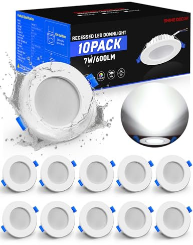 Shine Decor Led Einbaustrahler 230V, 7W Ultra Flach 26mm LED Spots Led Deckenstrahler, Kaltweiß 6000K 600LM, IP44 Wasserdicht für Badezimmer Küche Wohnzimmer, Ausschnitt Øφ68-80mm,10er Set