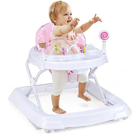 RELAX4LIFE Girello per Bambini Pieghevole, Altezza Regolabile a 3 Livelli (51/53/55 cm), Sedile Rimovibile e Lavabile, con Ruote e Giocattoli, per Bambini 6-36 Mesi, Max 13,5 kg (Rosa)