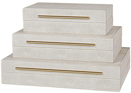 Elegant Set of 3 Ivory Shagreen Decorative Boxes with Velvet Lining and Golden Handles - Versatile Home Decor and Jewelry Organizer