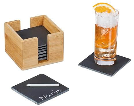Relaxdays Schiefer Untersetzer 8er Set, mit Bambus Box, Getränkeuntersetzer, 10x10 cm, Schieferplatte Gläser, anthrazit | Getränkeuntersetzer, 10x10 cm, Schieferplatte Gläser