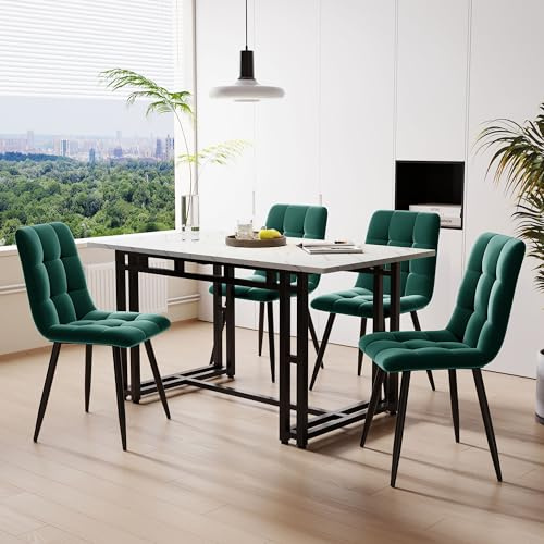 KUAKE 120x70cm Esstisch mit 4 Stühlen Set,Moderne Küche Esstisch Set, Schwarz Eisen Beintisch (Dunkelgrüner Esszimmerstühl)