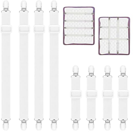 KAYEF bettlakenspanner, 8 Stück, 65cm-240cm, 25cm-80cm Leintuchspanner, elastischer Leintuchspanner, weißer Leintuchspanner mit Metallklammern für Leintücher, Matratzen, Bügeltische oder Sofas