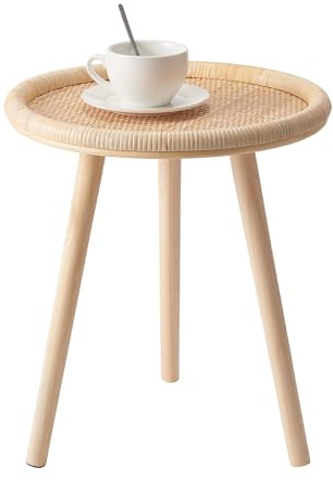 HuiDao Small Side Table, Rattan Round Coffee Table, Boho Circle Side Tables End Table for Living Room, Mid Century Accent Table for Bedroom Balcony