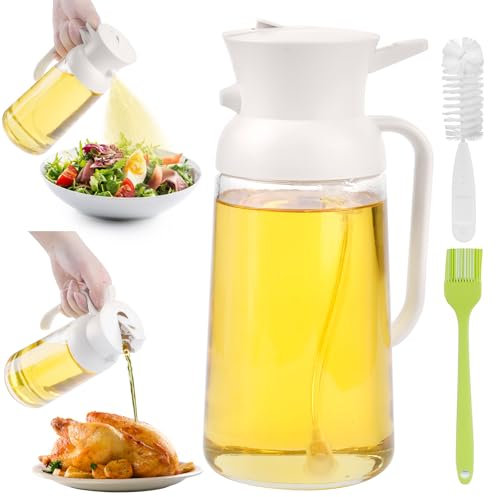 PUWOWYE 550ML Ölsprüher für Speiseöl, Öl Sprühflasche 2 in 1, Oil Spray Bottle Glas, Ölspray für Heißluftfritteuse zum Kochen, mit Backpinsel Silikon und Flaschenbürste, Weiß