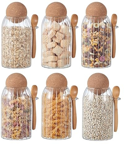 Eden & Willow Clear Glass Kitchen Jar with Cork Ball Lid and Bamboo Spoon | BPA-Free Mason Canister for Coffee, Beans, Spices, Dry Foods (Set of 6, 0.8L, Ribbed)