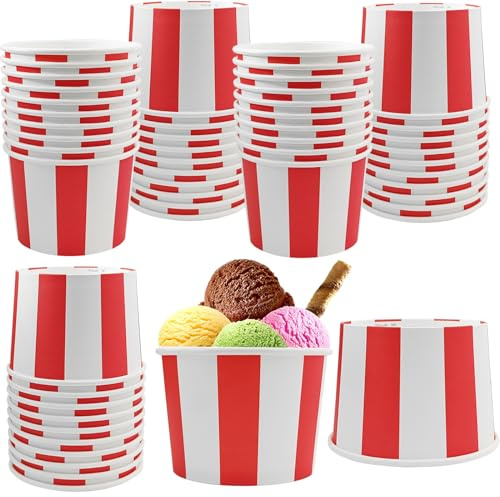 50 Pcs Red White Striped Ice Cream Cups Disposable Paper Snack Bowls 9oz Circus Carnival Paper Dessert Containers For Hot Or Cold Soup Yogurt Christmas Food Containers
