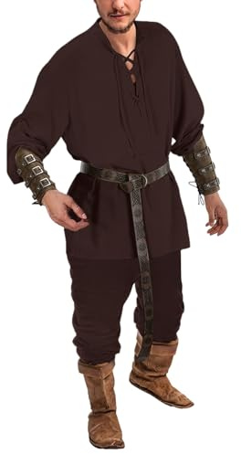Generisch Ropa medieval para hombre, disfraz de vikingo, disfraz renacentista, juego con camisa de lino, pantalones medievales, camisa pirata medieval, pantalones medievales con correa en el tobillo