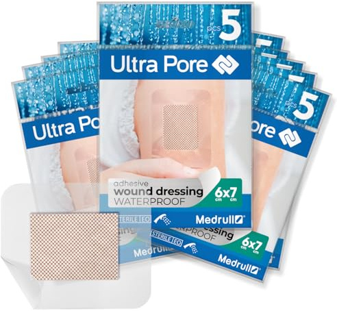 Medrull 100% Wasserdichtes Wundpflaster Steril 6x7 cm 50 Stück (N5 x 10 Packs) Ultra Pore Wasserfestes Pflaster Transparent, Starker Halt - Ideal zum Duschen, Sport, Baden