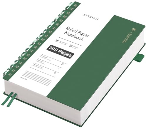 EMSHOI Notizbuch B5 Liniert, 100g/m² Papier, 300 Seiten - Tintengrün | Notizblock Liniert mit PVC Cover, 180° flach, Innentasche, Stiftschlaufe, für Büro & Schule, 19x25 cm