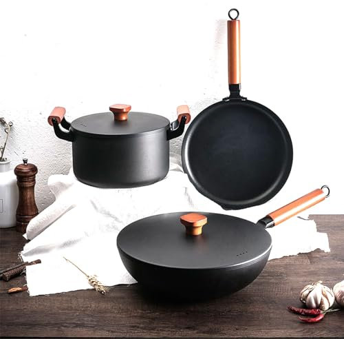 JOSBY Juego de Utensilios de Cocina antiadherentes de 3 Piezas, Juego de Utensilios de Cocina, con Olla para Sopa, sartén, Wok, Juego de inducción de Olla de Hierro Fundido para el hogar, para Bodas