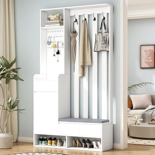 SogesHome Garderobe Set Flurgarderobe mit gepolsterter Aufbewahrungsbank Schuhschrank mit Stecktafel 4 Haken für Flur Eingangsbereich,100x35x180 cm