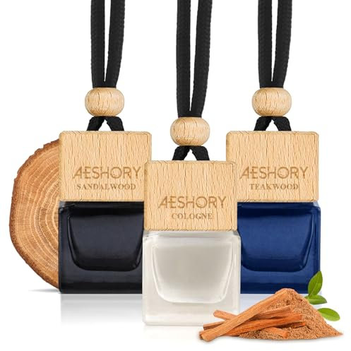 AESHORY Uomini Deodoranti per Auto 3 x 8ML, Diffusore di Oli Essenziali Appeso per Auto, Bottiglia di Profumo Aromaterapico per Auto, Specchietto Retrovisore Decor - Colonia, Sandalo, Legno di Teak