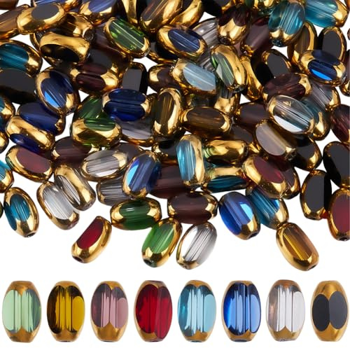 SUNNYCLUE 1 låda 160 st 8 färger facetterad glaspärlor risformiga pärlor bulk färgglada guldkant galvaniserat kristall ovalt fat löst distanspärl för smyckestillverkning halsband armband DIY