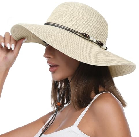 Creekstone Womens Floppy Straw Sun Hat Wide Brim UPF 50 Sun Protection Packable Summer Beach Hats with Wind Lanyard (UK, Alpha, L, Beige)