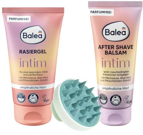 Balea Rasiergel intim, 150 ml + Balea After Shave Balsam intim, 100 ml + Kopfhaut Massagebürste für Haarwachstum und Blutzirkulation