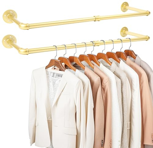 KINGSOW 2 barras para perchas doradas: tubo industrial de pared, 92 cm, para vestuario, boutique, exhibidores hasta el 2025
