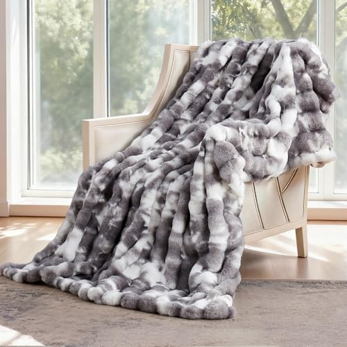 SAPHREAS Fluffy Faux Rabbit Fur Throw Blanket for Sofa Bed, Fuzzy Bubble Blanket for Travel Couch Living Room, Decor Soft Cozy Warm Gifts for Women Men, 130x150cm Tie Dye-Taupe