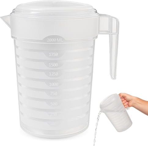 CHEFZOCO Jarra de Plástico, Jarra de Agua de 2 Litro con Tapa, Jarras para servir bebidas frías, Apto para calentar en microondas o congelar, Longitud 23 cm, Capacidad 2 Litros