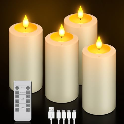 PChero 4er Set LED Kerzen Aufladbar mit Fernbedienung & Ausblasfunktion | Elektrische Wiederaufladbare Kerzen mit Timerfunktion, 90–200 Std. Laufzeit, LED Stumpenkerzen, Halloween Weihnachten Deko