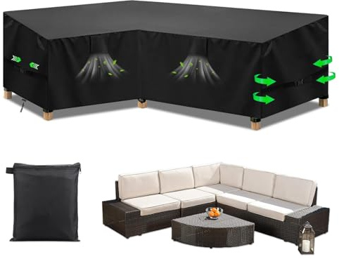 Aipwerer Housse Canapé d'angle Extérieur, Bache Salon de Jardin Forme en L Imperméable, Housse de Canape Angle en 420D Oxford Protection pour Mobilier Jardin Extérieur (Noir, 222x286x90x80/65cm)