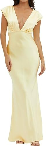 TANMESSO Dam sommar satin maxiklänning v-ringad rygglös twist utskärning elegant keps ärm midi-klänning för bröllop, Ljusgul, S