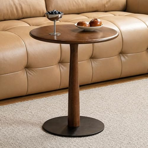 YESWOOD Solid Wood Side Table, Space-Saving Round Sofa Table End Table with Metal Base, Modern Bedside Table for Living Room, Bedroom or Balcony (Oak, Walnut Finish)