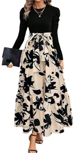 XFSRG Maxikleid Damen Langarm Rundhalsausschnitt Blumen Maxilang Kleid Rüschen Hohe Taille Langes Lockeres Bodenlanger Freizeitkleid(Beige/Langärmel-S)