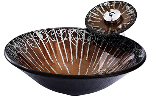 Lavandino da appoggio per Bagno, lavabo da appoggio in Vetro temperato Artistico, lavabo da appoggio Rotondo, Installazione su Piano, lavandini per Mobile da Bagno con Rubinetto a Cascata in