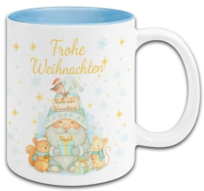 Tasse Frohe Weihnachten Wichtel – personalisiert mit Namen oder Wunschtext – Geschenk für Erzieherin, Lehrer, Logopäde, Hort, Freunde & Familie – Geschenkverpackung (Tasse Hellblau, Wichtel Hellblau)