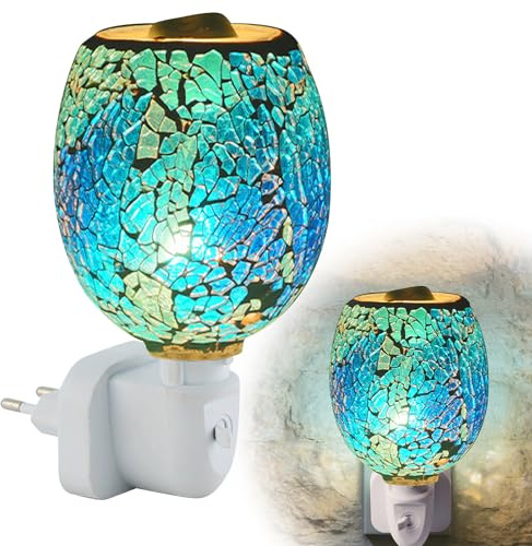 Porfoyo Elektrisk doftlampa, plug-in vaxvärmare, 220 V elektrisk glas doftlampa, blått mönster rökfri doftlampa uttag för hem, kontor, sovrum, EU-kontakt, justerbar ljusstyrka