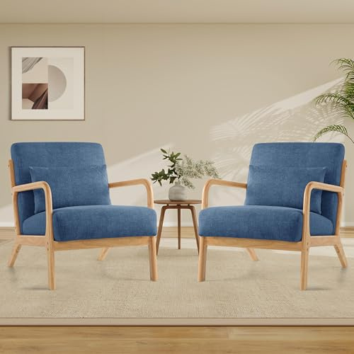 Aunekiv Lounge-Sessel, 2er-Set Akzentstuhl mit Kissen, Polstersessel mit Holzrahmen & Armlehnen, Moderner Lesesessel für Wohnzimmer, Schlafzimmer, Leseecke & Büro (81.5 x 63.5 x 74.5 cm, Blau)