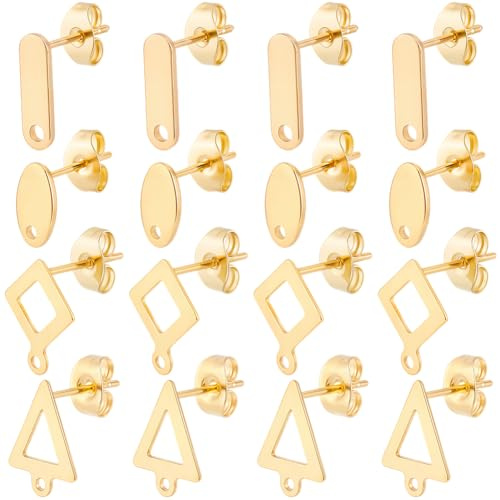 Beebeecraft 80 pz 4 stili Orecchini A Perno con Anello In Acciaio Inossidabile Placcato Oro 24K Geometria Rettangolo Triangolo Piatto Rotondo per Creazione di Gioielli