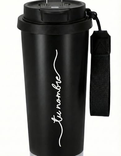 SOUVENIRS FACTORY Vaso Térmico Personalizado 500 ml de Acero Inoxidable – Doble Pared, Bebidas Frías y Calientes – Personalización Frontal (Negro)