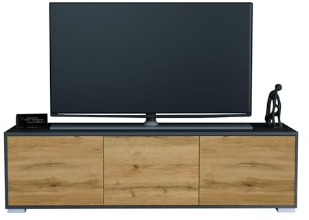 InnoFurn Tv-Board Elena, Lowboard mit Push-to-Open, Made in Germany, Moderner Fernsehschrank für Wohnzimmer Schlafzimmer, Anthrazit matt/Eiche Evoke (152,5 x 43 x 37 cm)