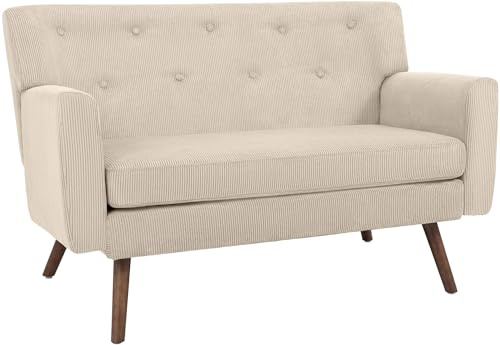 CLP Sofa 2-Sitzer mit Cordbezug Kioni, Couch bequem für Wohnzimmer, komfortabel gepolstert, bis 240 kg belastbar, Beine aus Kautschukholz Farbe Creme