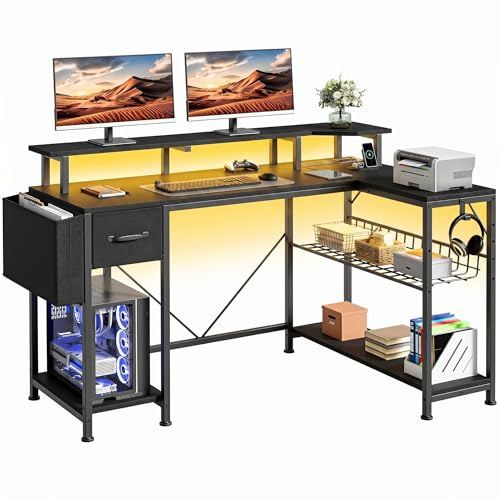 YITAHOME Gaming Tisch Steckdose USB Schubladen LED L Form 137cm Schwarz | Computer Schreibtisch mit Monitorständer, Regale, RGB LED, MDF Metallrahmen, Eckschreibtisch Home Office Studium