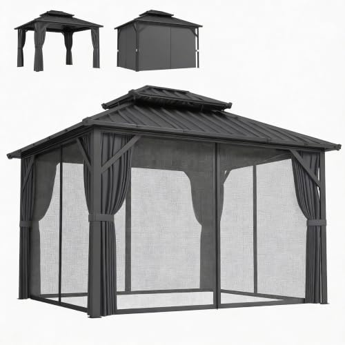 Outsunny Pavillon 3 x 3,6 m Toit Rigide Acier Galvanisé UPF50+ Gris Foncé | Cadre en Aluminium, Rideaux et Moustiquaire, Crochet de Plafond