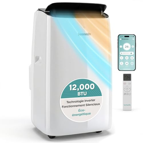 SereneLife Aire Acondicionado Inverter Móvil 12000 BTU WiFi 4 en 1: Refrigeración, Calefacción, Deshumidificación y Ventilación, Kit de Ventana, Ruedas, Silencioso,