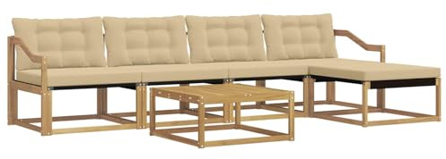 XHNIFBN Outdoor-Sofagarnitur 6-teilig, Gartenmöbel Set aus Akazienholz und Textilene, Modulares Lounge-Sofa mit Tisch und Hocker für Terrasse und Garten, Beige und Weiß