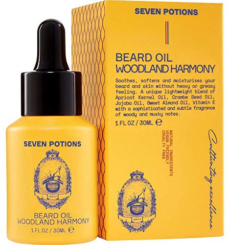 Seven Potions Premium-Bartöl für Männer - Jojobaöl-Bartweichmacher zur Pflege von Haut, Haar und gegen Bartjucken - rein natürlich, vegan, frei von Tierquälerei – Woodland Harmony